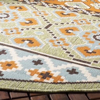 Green and Terracotta Round Reversible Synthetic Area Rug