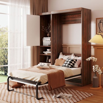 NicBex Twin Size Murphy Bed Morden Wall Bed Frame with Shelves, 2 Spacious Drawers and 1 Cabinet for Living Room, Brown