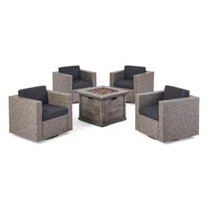 Christopher Knight Home  Achton Outdoor Wicker 5 Piece Swivel Club Chair and Fire Pit Set with Cushions - 1 of 4