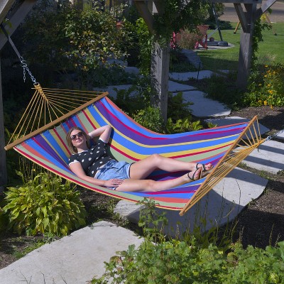 Tropical Double Cotton Spreader Bar Hammock with Wood Frame