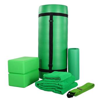 BalanceFrom Fitness 7-Piece Home Gym Yoga Set with 1-Inch Thick Yoga Mat, 2 Yoga Blocks, Mat Towel, Hand Towel, Stretch Strap & Knee Pad, Green