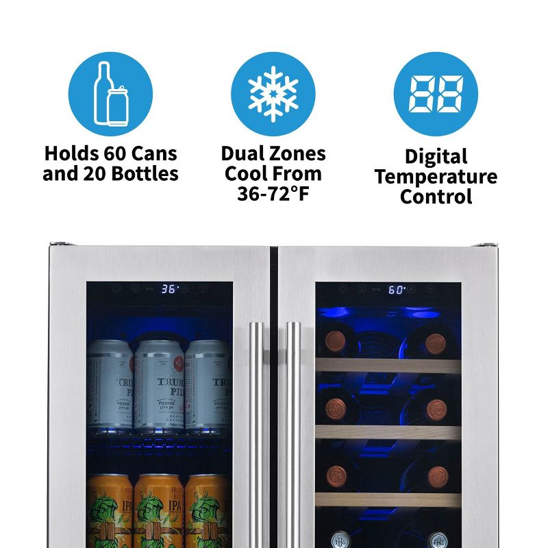 Newair 24" Built-in Dual Zone Refrigerator 18 Bottle and 58 Can French Door Wine and Beverage Fridge in Stainless Steel, Drinks and Wine Cooler, 4 of 17