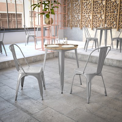 Declan 23.75" Round Brown Poly Resin Top Dining Table with Silver Steel Base