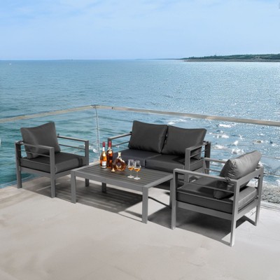 Karl Home Dark Gray 4-Piece Aluminum Patio Conversation Set with Dark Gray Cushions