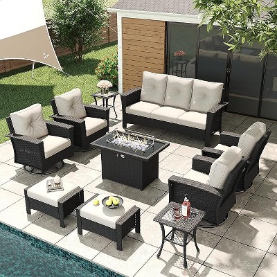 LayinSun Wicker Patio Furniture Set with Fire Pit Table, Classis Outdoor Conversation 360 Degree Swivel Chairs Set with Coffee Table