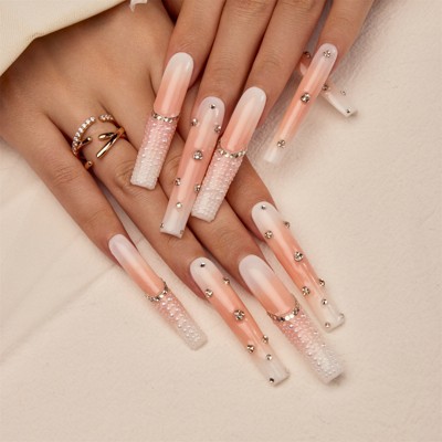 YEVYO Press On Nails Long - French Rhinestone Square Full Cover for Women and Girls On Fake Nails - Nude - 10 Pcs