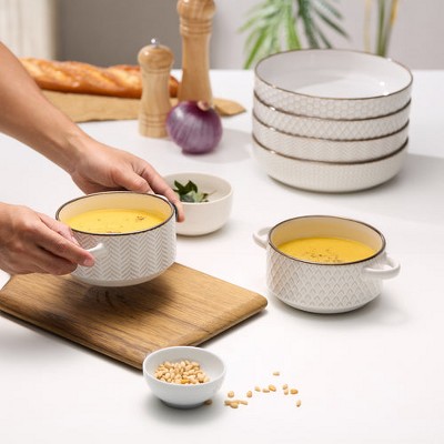 Ivory and Copper Embossed Ceramic Soup Bowls with Handles, Set of 4