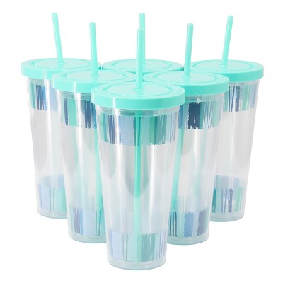 Gibson Home Tropical Sway Orleans 6 Pc 24 Oz Double Wall Portable Plastic Tumbler Set with Lid & Straw in Blue