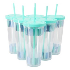 Gibson Home Tropical Sway Orleans 6 Pc 24 Oz Double Wall Portable Plastic Tumbler Set with Lid & Straw in Blue - 1 of 4