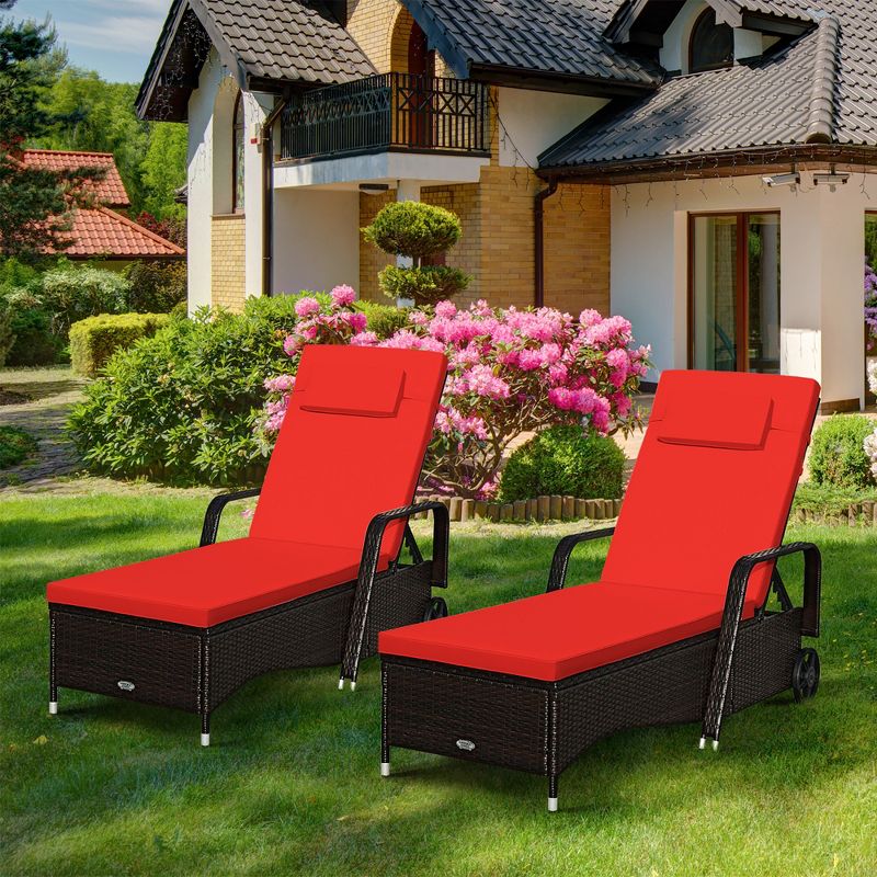 2PCS Patio Rattan Lounge Chair Chaise Recliner Adjust withRed & Off White Cover, 1 of 11