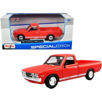 1973 Datsun 620 "Li'l Hustler" Pickup Truck Orange with White Stripes "Special Edition" 1/24 Diecast Model Car by Maisto