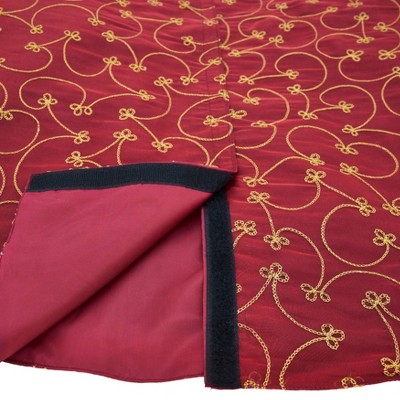 Burgundy and Gold Embroidered Christmas Tree Skirt, 70" Round
