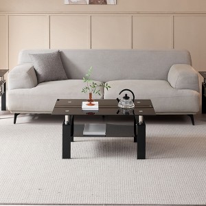 Hrinhom 39.4"W 2-Layer Black Transparent Tempered Glass Coffee Table with Iron Legs - 1 of 4