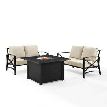 Kaplan 3pc Outdoor Conversation Set with Fire Table & 2 Loveseats - Oatmeal - Crosley