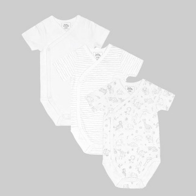 Image of Stellou & Friends Unisex Crossbody Side Snap Onesies - Cotton Bodysuit - 3-pk - Gray Animals & Stripes / 3-6 Months