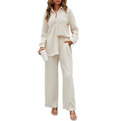 Womens Two Piece Long Sleeve Button Down Shirt Casual Outfits Pleated Wide Leg Pants Streetwear Set