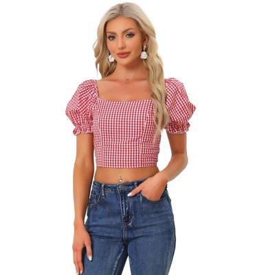 Allegra K Women's Bubble Sleeve Peasant Gingham Plaid Smocked Crop Top ...