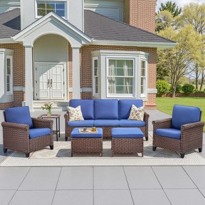 Buenhomino 5-Piece Wicker Sofa Set with Coffee Table, Outdoor Conversation Set with Cushions & Ottomans for Balcony or Garden - 1 of 4