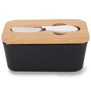 Nat & Jules Matte Black 6.5 x 4 Ceramic and Bamboo Butter Dish With Knife Lid - 1 of 4