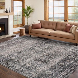 Washable Area Rugs Non-Slip Vintage Rugs for Living Room, Low Pile Stain-Resistant Distressed Oriental Carpet, Foldable Floral Print Floor Covering - 1 of 4