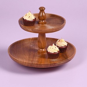 Folkulture 12" Wooden Two-Tier Cake & Cupcake Stand | Round Dessert Tray | Decorative Serving Display | Natural Ribbed | Wedding Decor - 1 of 4