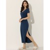 cheibear Women's Solid V-Neck Short Sleeves Long Pajama Dress with Side Slit - 2 of 4