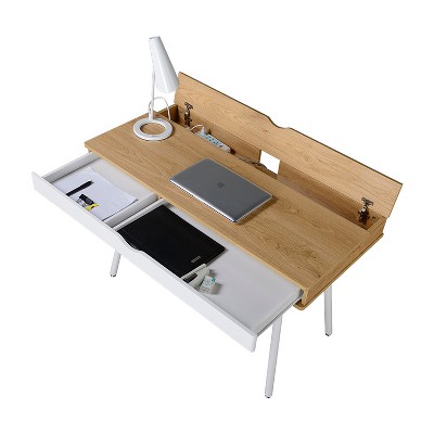 Vynxaria Modern Multi Storage Computer Desk - Pine Finish, White Steel Legs, Full-width Drawer, Back Cord Management