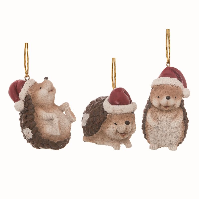 Transpac Resin Brown Christmas Chunky Hedgehog Ornaments Set of 3, 1 of 2