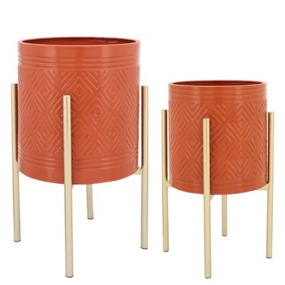 Sagebrook Home Set of 2 Geometric Planters on Metal Stand Terracotta/Gold