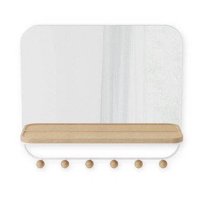White Wood Rectangular Mirror with Hooks and Tray