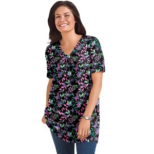 Woman Within Plus Size Perfect Printed Short-Sleeve Shirred V-Neck Tunic - 1 of 4
