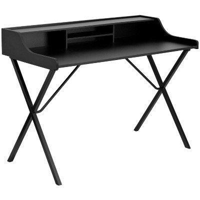 Merrick Lane Desk Contemporary Black Office Computer Writing Desk With Top Shelf and Center Storage Compartments