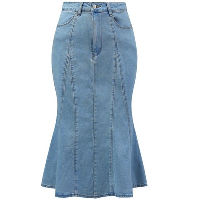 INSPIRE CHIC Women's High Waist Fishtail Ruffle Denim Jean Skirt
