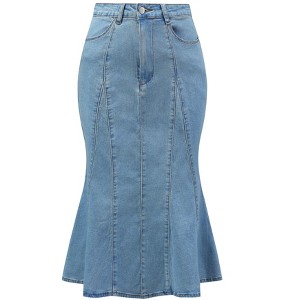 INSPIRE CHIC Women's High Waist Fishtail Ruffle Denim Jean Skirt - 1 of 4