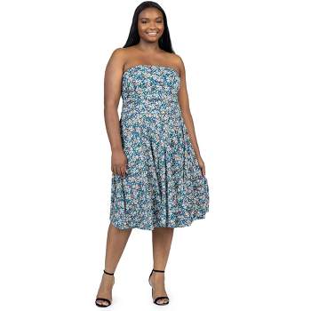 24seven Comfort Apparel Plus Size Teal Floral Strapless Tube Top Flowy Knee Length Dress