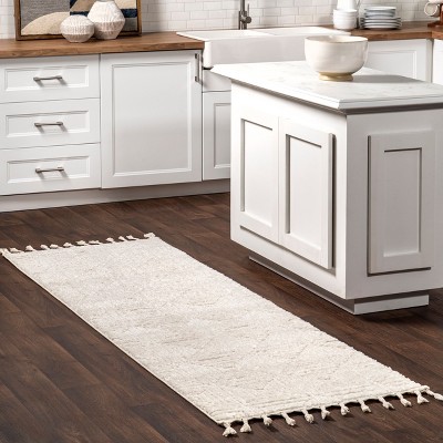 Cream Geometric Textured Synthetic Runner Rug with Tassels