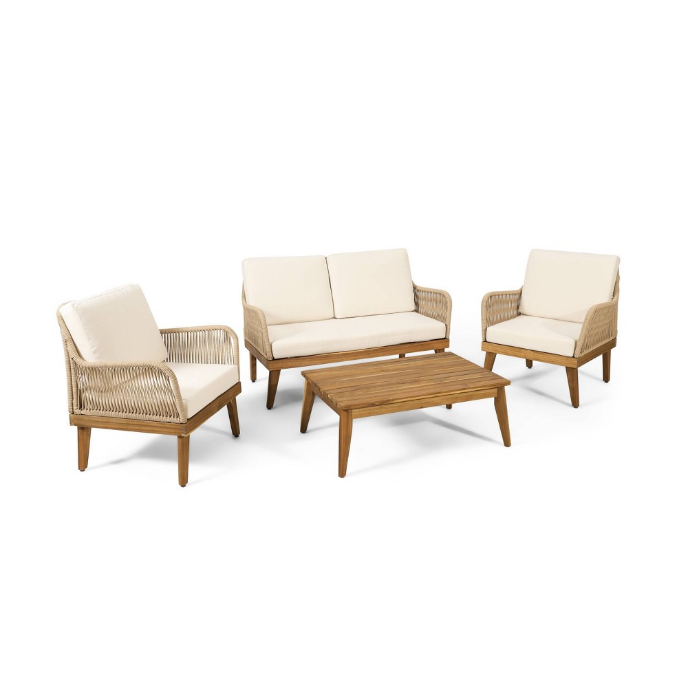 Photos - Garden Furniture 4pc Annisa Outdoor Acacia Wood Set with Cushion Teak/Light Brown/Beige - C