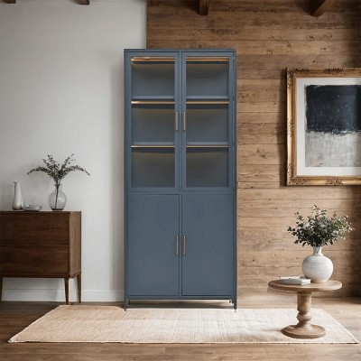 76.75'' Dark Blue LED Lighted Display Cabinet with Double Glass Doors, Steel Curio Storage Cabinet with Glass for Collectibles,Office-Maison Boucle