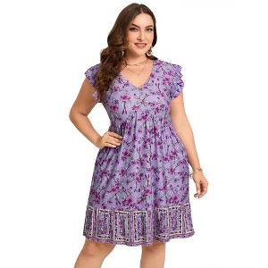 Plus Size Women's Flutter Sleeve High Waist Peplum Babydoll Knee Length Dress - 1 of 4