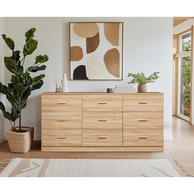 SKRAN 9 Drawer Dresser, 62.9" Large Deep Chest of Drawers,Wood Storage Dresser with Gold Handles for Living Room, Hallway, Nursery