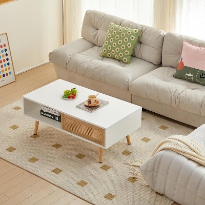 Rattan Nightstand, Solid Wood+MDF 41.34" White Bedside End Side Table Sliding Door Storage Shelf Bedroom Furniture Wood Accent Table for Office, Dorm