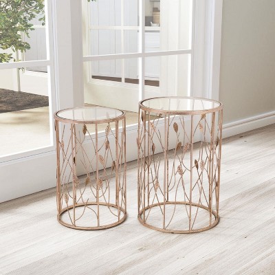 Gold and Glass Botanical Round Accent Tables Set of 2
