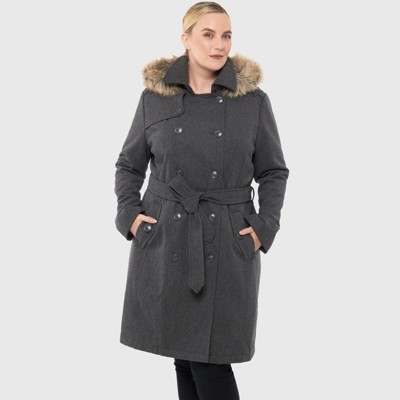 Alpine Swiss Women's Wool Blend Long Trench Coat with Removable Fur Hood and Belt - Regular & Plus Sizes