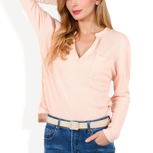 Anna-Kaci Women's Long Sleeve Waffle Knit Top with Notched Neckline and Chest Pocket - image 1 of 4