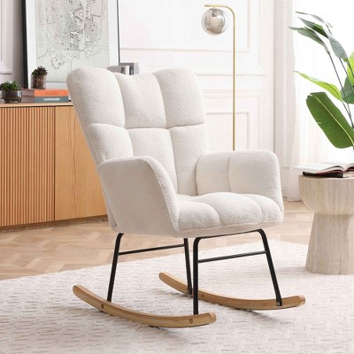CAVINAS Teddy Fabric Glider Rocking Chair with High Backrest,Upholstered Rocking Chair,Nursery Accent Chair for Bedroom