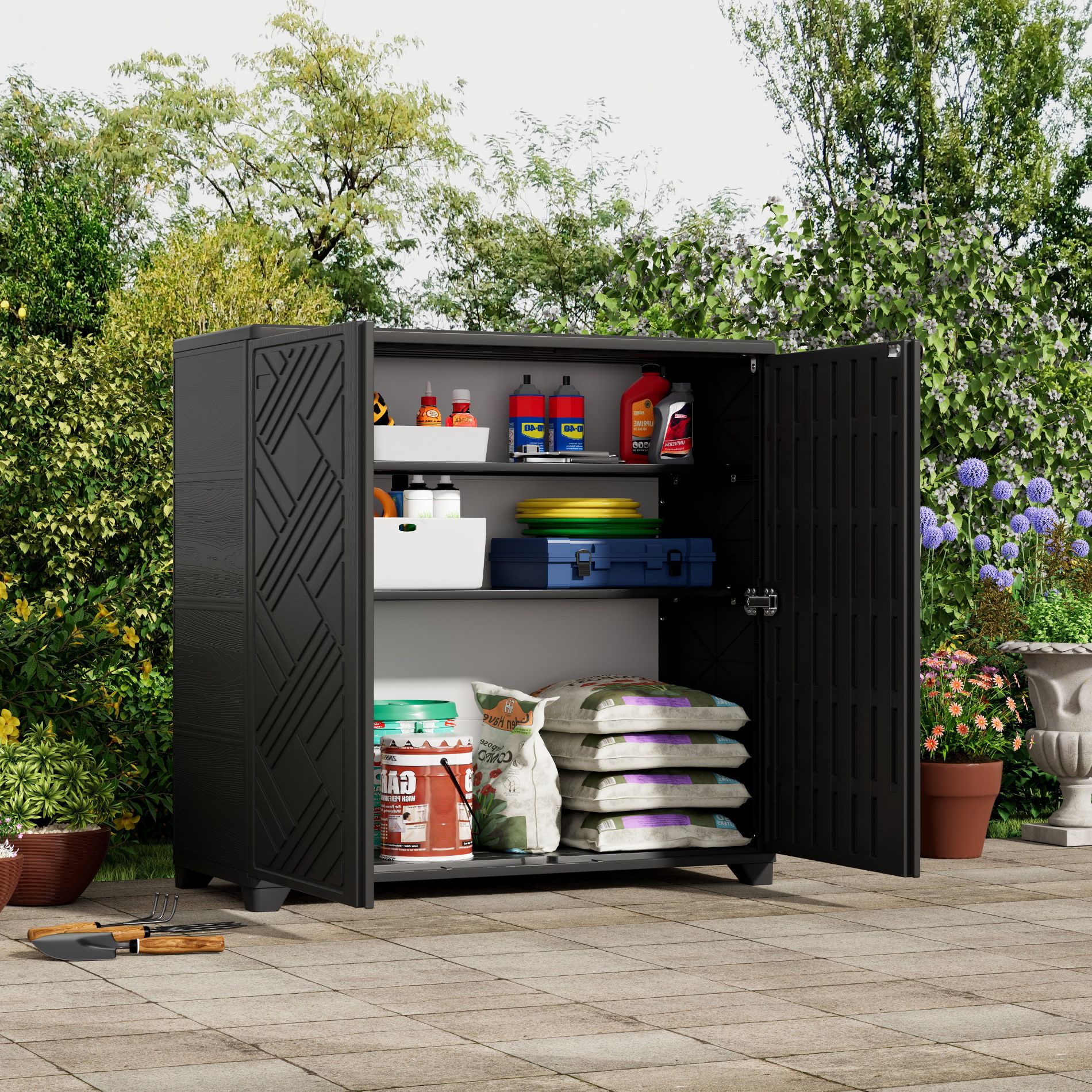 34.3" x 15.1" x 33.5" Outdoor Storage Cabinet, Weather-Resistant 3-Shelf Design Storage Shed for Patio
