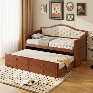 KTMBDW Wood Daybed with Trundle - Twin Size Day Bed with Two Pull Out Drawers, 400 lbs Capacity - Space Saving Daybed Couch for Bedroom - 1 of 4