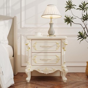 Famapy French Country White Nightstand with Double Drawers & Gold Accents,Ornate Carvings,Side Table,Elegant Storage for Bedroom - 1 of 4