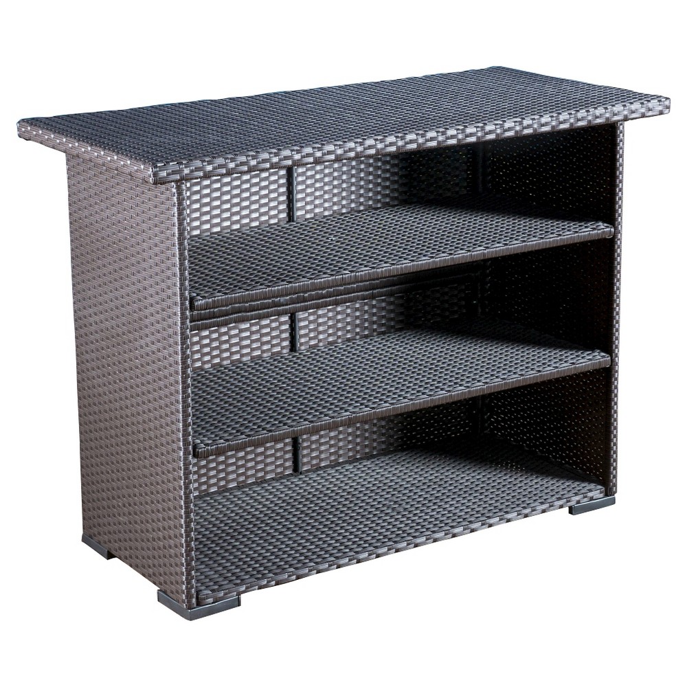 Trinidad Wicker Bar - Dark Brown - Christopher Knight Home: Weather-Resistant Patio Cart with Shelves