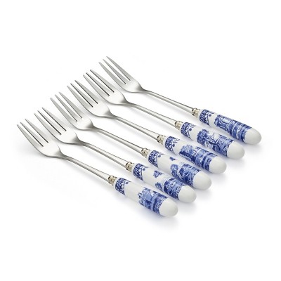 Spode Blue Italian Pastry Forks - Set of 6 Stainless Steel Dessert Forks with Porcelain Handles, Featuring Countryside Scene